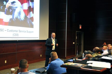 Mark Cutler, supervisory facility operations specialist, 63rd Regional Support Command, briefs center managers and facility coordinators about the role of customer service support tickets as part of a Base Operations Workshop (BASOPS) hosted by the 63rd RSC, Aug. 16, Armed Forces Reserve Center, Mountain View, Calif. The BASOPS workshop, held Aug 16-18, was aimed at improving the performance and knowledge of center managers and coordinators throughout the command’s 7 state area-of-responsibility in the South West region, which serves as home to nearly 150 Army Reserve facilities.