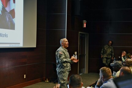 Col. Stewart Fearon, chief, directorate of public works (DPW), 63rd Regional Support Command, briefs center managers and facility coordinators about the role of DPW as part of the Base Operations Workshop (BASOPS) hosted by the 63rd RSC, Aug. 17, Armed Forces Reserve Center, Mountain View, Calif. The BASOPS workshop, held Aug 16-18, was aimed at improving the performance and knowledge of center managers and coordinators throughout the command’s 7 state area-of-responsibility in the South West region, which serves as home to nearly 150 Army Reserve facilities.