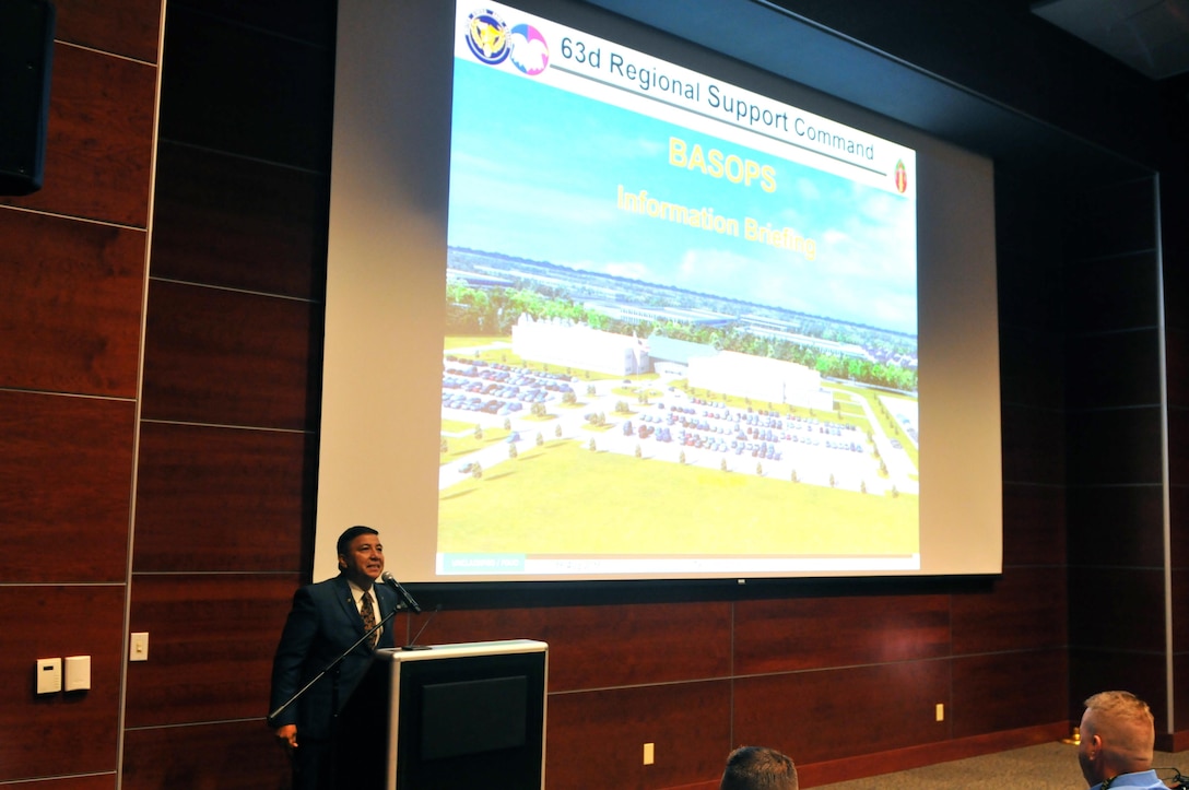 Dan Bautista, acting chief of staff, 63rd Regional Support Command, briefs center managers and facility coordinators about the role of the 63rd RSC at the start of a Base Operations Workshop (BASOPS) hosted by the 63rd RSC, Aug. 16, Armed Forces Reserve Center, Mountain View, Calif. The BASOPS workshop, held Aug 16-18, was aimed at improving the performance and knowledge of center managers and coordinators throughout the command’s 7 state area-of-responsibility in the South West region, which serves as home to nearly 150 Army Reserve facilities.