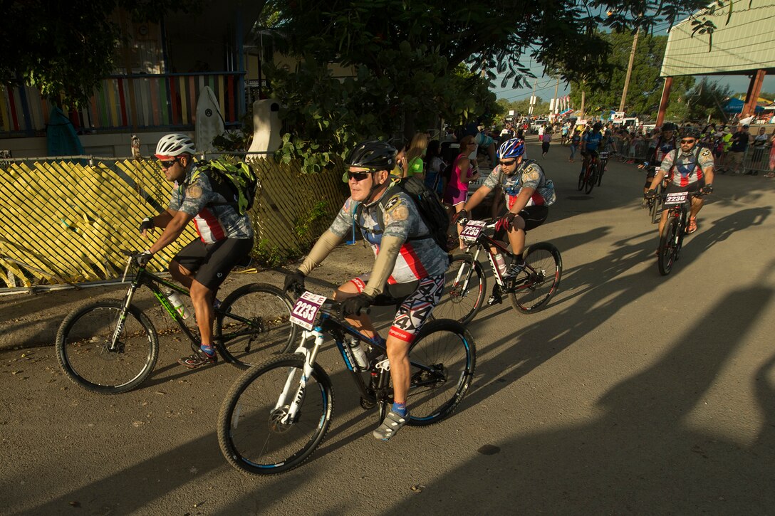 Veterans riding with the Warriors 4 Life group begin a 100-kilometer mountain bike ride in Cabo Rojo, Puerto Rico, Aug. 14, 2016. DoD photo by EJ Hersom