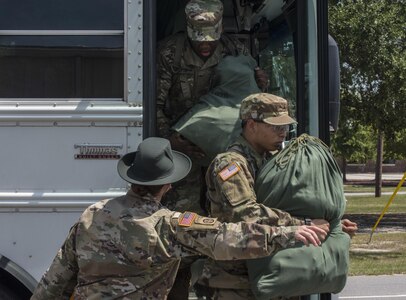 New Soldiers arriving for their first day of Basic Combat Training, Aug. 19, with Company F, 1st Battalion, 34th Infantry Regiment on Fort Jackson, S.C. are "welcomed" by drill sergeants from both the U.S. Army and U.S. Army Reserve. The reserve drill sergeants are from the 98th Training Division  (IET), 108th Training Command (Initial Entry Training) currently fulfilling their 29-day annual training commitment. (U.S. Army Reserve photo by Sgt. 1st Class Brian Hamilton/ released)