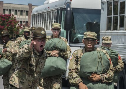 New Soldiers arriving for their first day of Basic Combat Training, Aug. 19, with Company F, 1st Battalion, 34th Infantry Regiment on Fort Jackson, S.C. are "welcomed" by drill sergeants from both the U.S. Army and U.S. Army Reserve. The reserve drill sergeants are from the 98th Training Division  (IET), 108th Training Command (Initial Entry Training) currently fulfilling their 29-day annual training commitment. (U.S. Army Reserve photo by Sgt. 1st Class Brian Hamilton/ released)