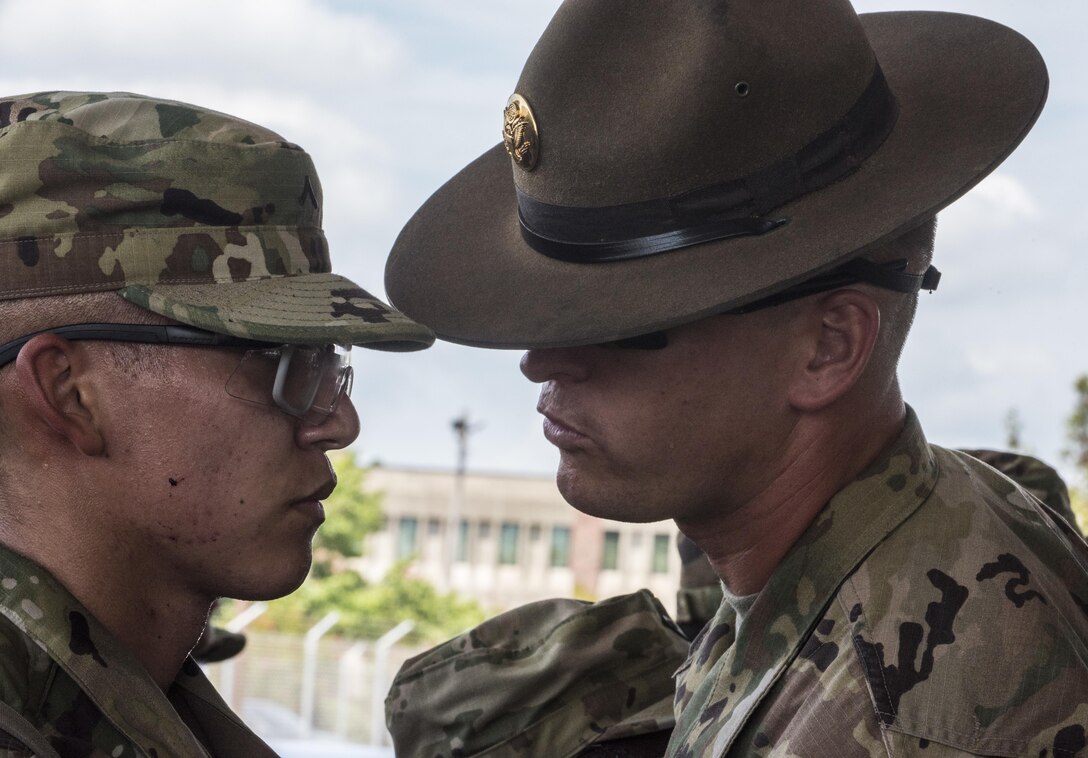 New Soldiers arriving for their first day of Basic Combat Training, Aug. 19, with Company F, 1st Battalion, 34th Infantry Regiment on Fort Jackson, S.C. are "welcomed" by drill sergeants from both the U.S. Army and U.S. Army Reserve. The reserve drill sergeants are from the 98th Training Division  (IET), 108th Training Command (Initial Entry Training) currently fulfilling their 29-day annual training commitment. (U.S. Army Reserve photo by Sgt. 1st Class Brian Hamilton/ released)