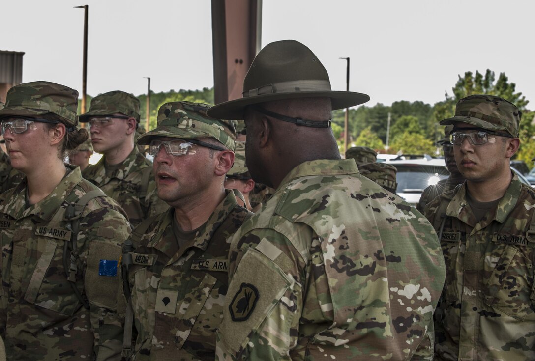 New Soldiers arriving for their first day of Basic Combat Training, Aug. 19, with Company F, 1st Battalion, 34th Infantry Regiment on Fort Jackson, S.C. are "welcomed" by drill sergeants from both the U.S. Army and U.S. Army Reserve. The reserve drill sergeants are from the 98th Training Division  (IET), 108th Training Command (Initial Entry Training) currently fulfilling their 29-day annual training commitment. (U.S. Army Reserve photo by Sgt. 1st Class Brian Hamilton/ released)