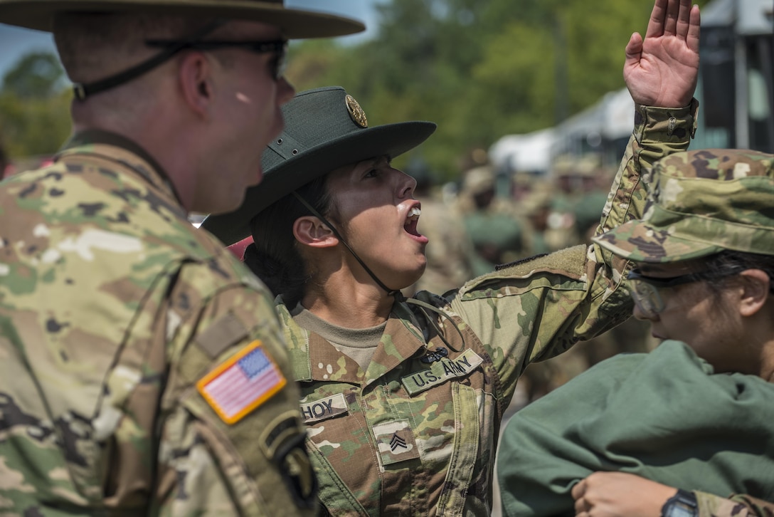 New Soldiers arriving for their first day of Basic Combat Training, Aug. 19, with Company F, 1st Battalion, 34th Infantry Regiment on Fort Jackson, S.C. are "welcomed" by drill sergeants from both the U.S. Army and U.S. Army Reserve. The reserve drill sergeants are from the 98th Training Division  (IET), 108th Training Command (Initial Entry Training) currently fulfilling their 29-day annual training commitment. (U.S. Army Reserve photo by Sgt. 1st Class Brian Hamilton/ released)