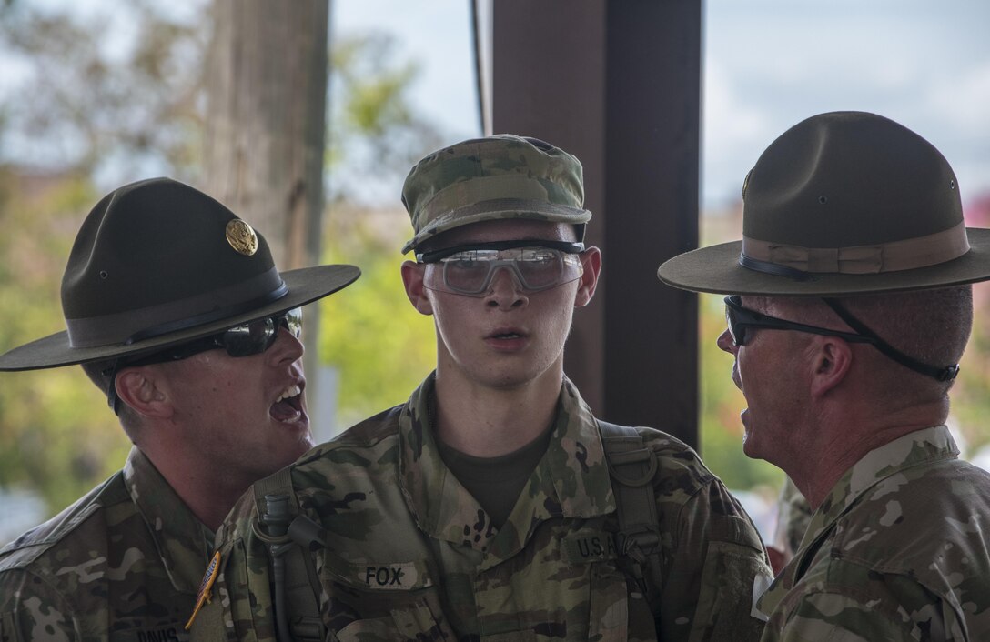 New Soldiers arriving for their first day of Basic Combat Training, Aug. 19, with Company F, 1st Battalion, 34th Infantry Regiment on Fort Jackson, S.C. are "welcomed" by drill sergeants from both the U.S. Army and U.S. Army Reserve. The reserve drill sergeants are from the 98th Training Division  (IET), 108th Training Command (Initial Entry Training) currently fulfilling their 29-day annual training commitment. (U.S. Army Reserve photo by Sgt. 1st Class Brian Hamilton/ released)