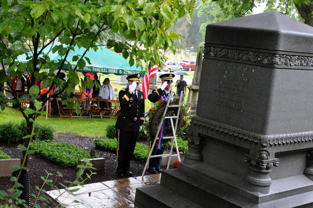 Brigadier Gen. Stephen E. Strand, left, deputy commanding general, 88th Regional Support Command, and Chaplain (Maj.) Scott Hagen, deputy command chaplain, 88th RSC, salute the wreath played at the base of the Benjamin Harrison Memorial in the Crown Hill Cemetery in Indianapolis, August 20. Strand spoke at the ceremony in place of President Barack Obama and highlighted the military service and lasting legacy of Harrison’s duties as the 23rd president.