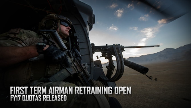 The First Term Airman Retraining Program allows first-term Airmen, including staff sergeants who are in their first enlistment, to retrain in conjunction with a reenlistment. Pararescue is one of 74 AFSCs on that list for fiscal year 2017. (U.S. Air Force graphic)