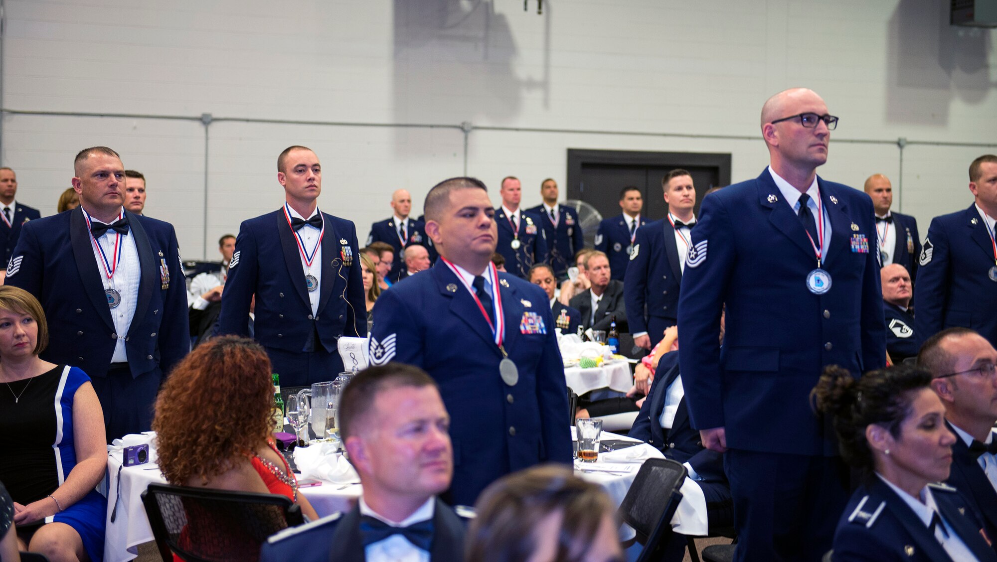 Team Moody’s newest master sergeant-selects stand during the Senior NCO’s Creed during a Senior NCO Induction Ceremony, Aug. 20, 2016, at Moody Air Force Base, Ga. The ceremony formally recognized the Airmen for their accomplishments and provided newly selected master sergeants with a comprehensive view of their increased supervisory, leadership and managerial responsibilities. (U.S. Air Force photo by Airman 1st Class Greg Nash)
