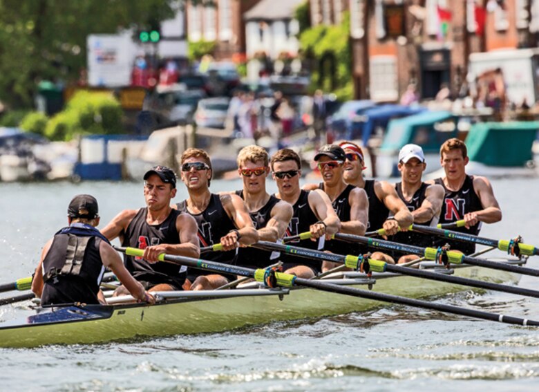 Second Lieutenant Trevor Weaser (third from the left), rows at a 2014 competition at Northeastern University in Boston, Mass. Weaser was commissioned a Marine Corps officer August 7th, 2016.  (Courtesy photo by 2nd Lt. Trevor Weaser)