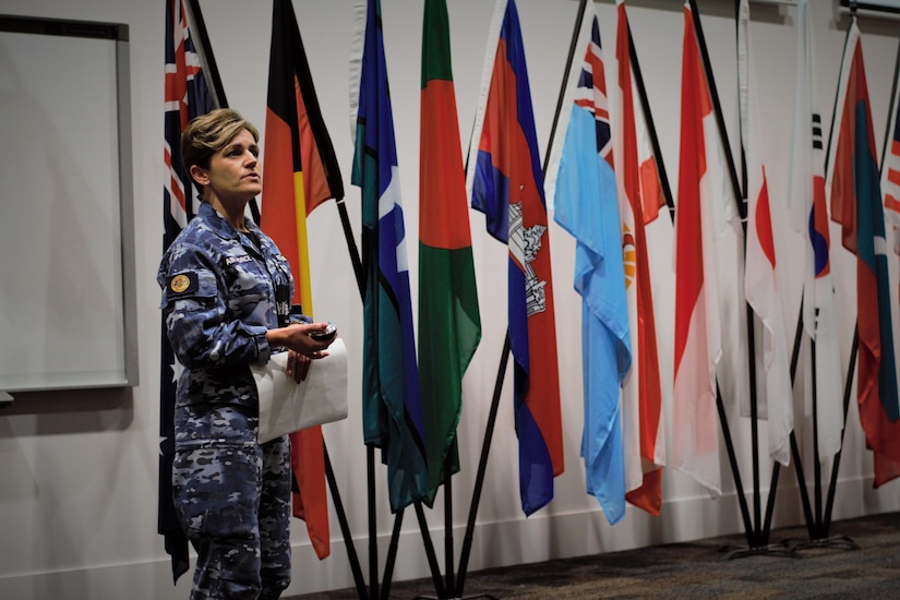 Royal Australian Air Force Warrant Officer Nicole Heffernan, co-host of Exercise Pacific Endeavor 2016, addresses participants during the exercise’s opening ceremony in Brisbane, Australia, Aug. 22, 2016. Sponsored by U.S. Pacific Command and hosted by the Australian Defense Force, Pacific Endeavor 2016 is a multinational workshop designed to enhance communication interoperability and expedite humanitarian assistance and disaster relief response in the Indo-Asia-Pacific region. DoD photo by Air Force Master Sgt. Todd Kabalan