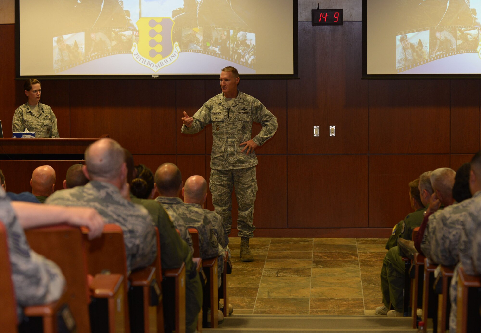 Col. Michael Tichenor, Air Force Global Strike Command inspector general, speaks at the unit mission briefing at Ellsworth Air Force Base, S.D., Aug. 21, 2016. The Unit Effectiveness Inspection consists of three major parts – Airman-to-IG sessions, the main inspection, and feedback, which leads to the unit's final effectiveness rating. (U.S. Air Force photo by Airman 1st Class Donald C. Knechtel/Released)