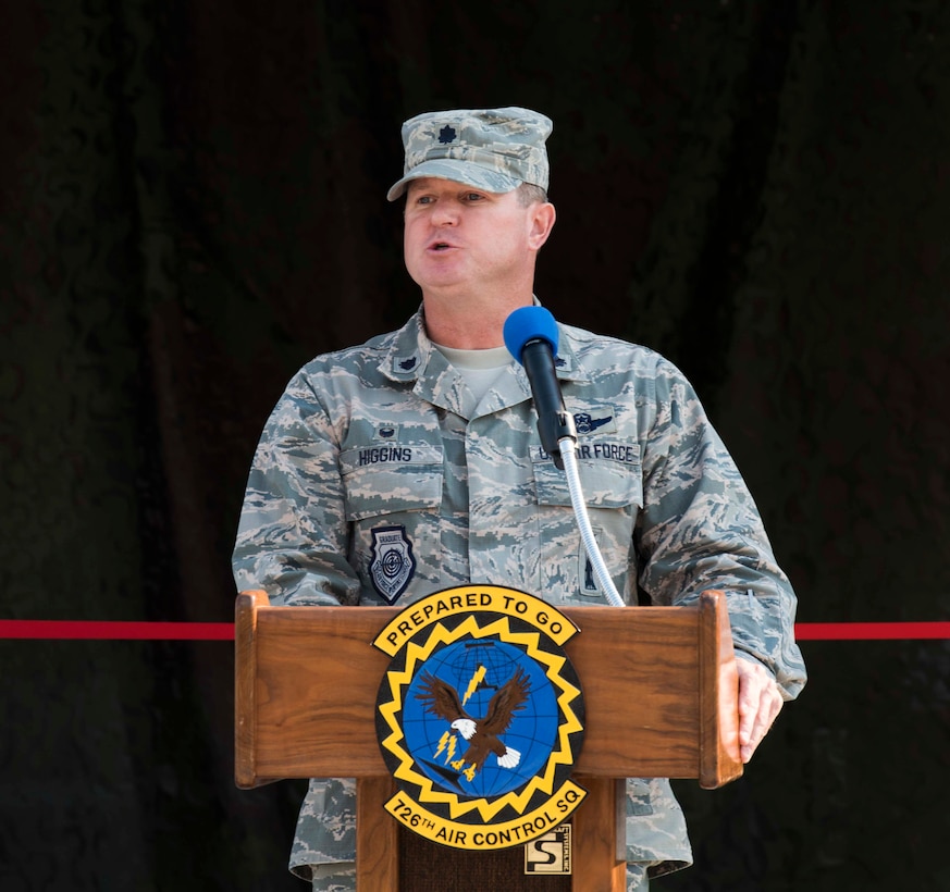 Lt. Col. Sean Higgins, commander of the 726th Air Control Squadron, speaks at the ribbon cutting ceremony August 18, 2016, at Mountain Home Air Force Base, Idaho. The renovations took approximately seven months and provided the 726 ACS with new equipment and more space to train with. (U.S. Air Force photo by Airman Alaysia Berry/Released)
