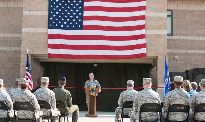 Lt. Col. Sean Higgins, 726th Air Control Squadron commander, stands in front of the recently renovated 726th Air Control Squadron compound August 18, 2016, at Mountain Home Air Force Base, Idaho. With the new renovations the 726th ACS are able to control air operations from a central facility. (U.S. Air Force photo by Airman Alaysia Berry/Released)
