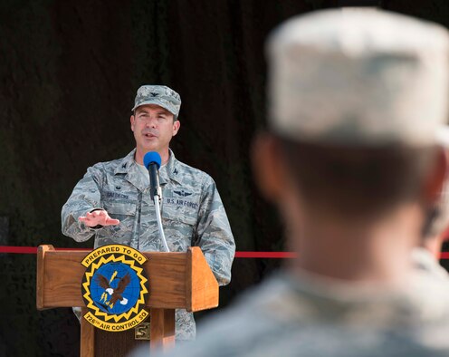 Col. David Gaedecke, commander of the 552nd Air Control Wing, speaks to the audience at the ribbon cutting ceremony August 18, 2016, at Mountain Home Air Force Base, Idaho. The 726th Air Control Squadron works with the 366th Fighter Wing but is a part of the 552nd ACW at Tinker Air Force Base, Oklahoma. (U.S. Air Force photo by Airman Alaysia Berry/Released)
