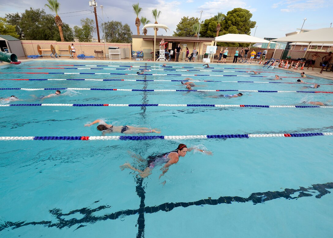 The 400 meter swim was the first event for the Luke Air Force base triathlon Aug. 20, 2016 at Luke Air Force Base, Ariz. Along with the 400 meter swim, competitors biked 11.4 miles and ran five  kilometers. (U.S. Air Force photo by Senior Airman Devante Williams)