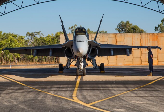 An F/A-18C Hornet assigned to Marine Fighter Attack Squadron (VMFA) 122 prepares to taxi during Exercise Pitch Black 2016 at Royal Australian Air Force Base Tindal, Australia, July 22, 2016. The flying squadron executed large force close air support, air interdiction, armed reconnaissance, and strike coordination and reconnaissance missions over the three week training evolution. The biennial, multinational exercise involves approximately 10 allied nations and prepares these forces for possible real-world scenarios. The bilateral effort amongst Exercise Pitch Black 2016 furthermore showcases the strength amongst various militaries and solidifies the relationship across the Pacific region. (U.S. Marine Corps photo by Cpl. Nicole Zurbrugg)