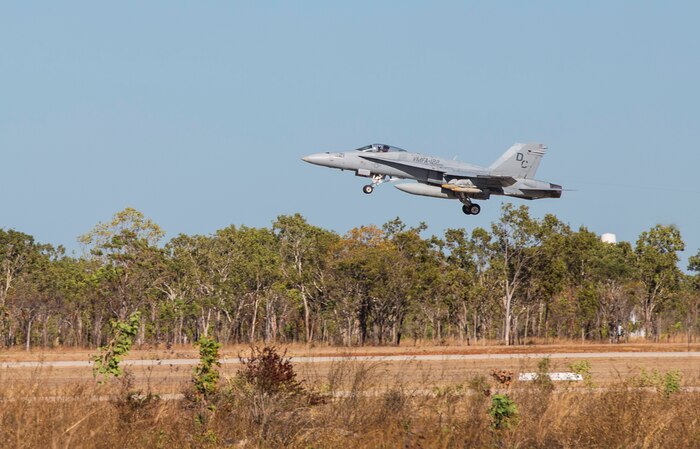 An F/A- 18C Hornet with Marine Fighter Attack Squadron (VMFA) 122, takes off at Royal Ausatralian Air Force Base Tindal, Australia, during Exercise Southern Frontier, July, 26, 2016. Southern Frontier will help the squadron gain experience and qualifications in low altitude, air ground, high explosive ordnance delivery at the unit level. VMFA-122  is homebased at Marine Corps Air Station Beaufort, S.C., and forward deployed to MCAS Iwakuni, Japan, for a six month deployment with the unit deployment program. (U.S. Marine Corps photo by Cpl. Nicole Zurbrugg)
