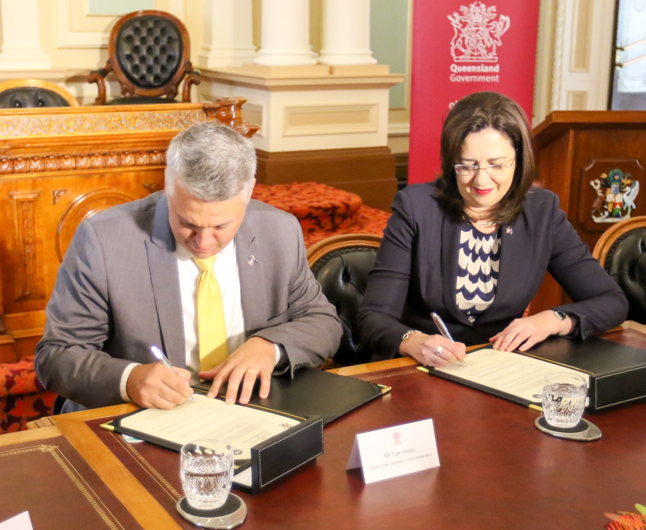 BRISBANE, Australia (Aug 17, 20016) Queensland Premier Annastacia Palaszczuk and U.S. Deputy Under Secretary of the Navy for Management Thomas Hicks sign a Statement of Cooperation to work in support of projects that advance shared interests. The agreement spells out a commitment for the U.S. Navy and the State of Queensland to hold discussions on the research, development, supply and sale of alternative fuels, which can improve operational flexibility and increase energy security. (U.S. Navy photo by Chief Mass Communication Specialist Hendrick Simoes/Released)