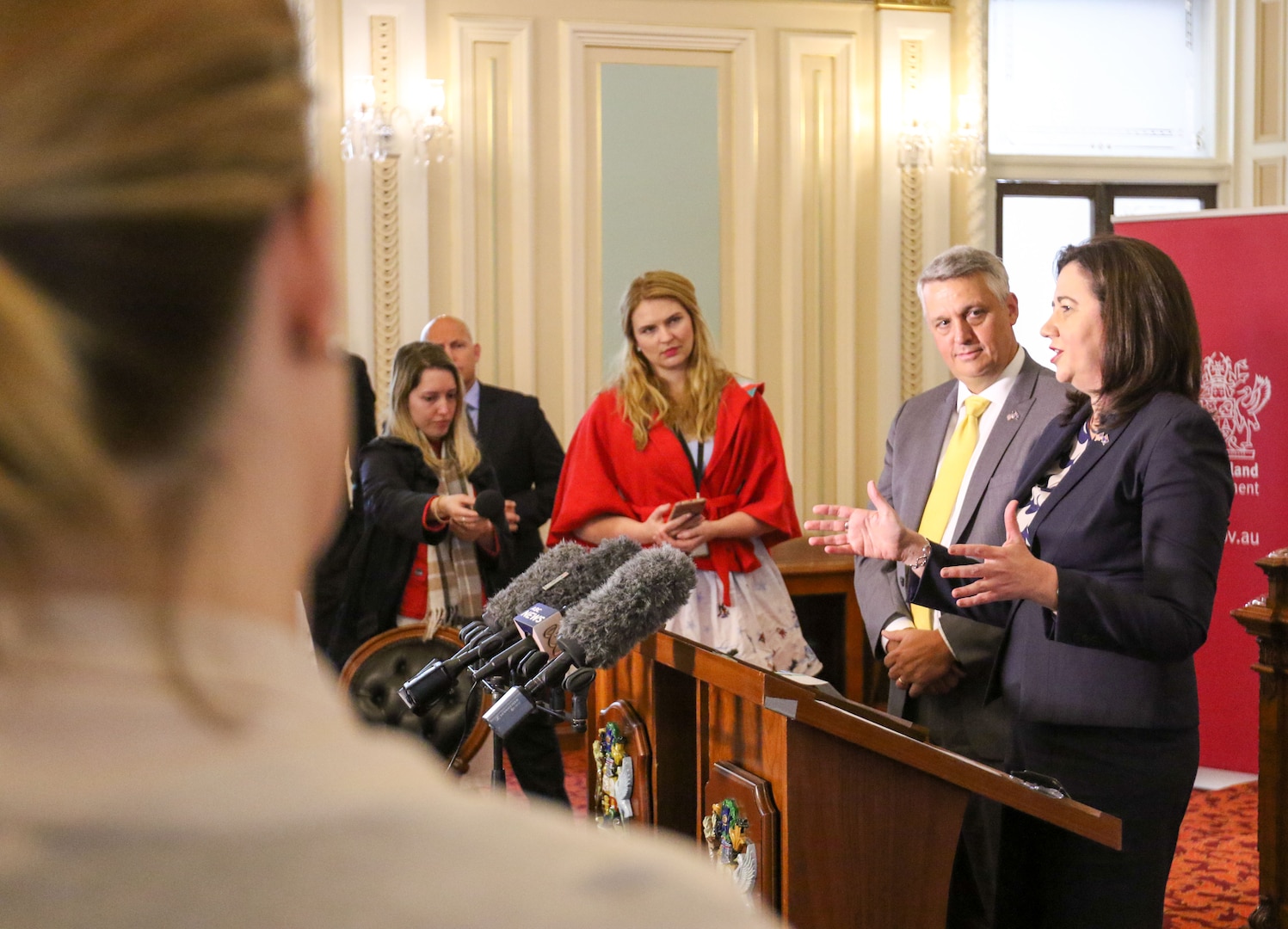 BRISBANE, Australia  (Aug 17, 20016) Queensland Premier Annastacia Palaszczuk and U.S. Deputy Under Secretary of the Navy for Management Thomas Hicks talk to the press immediately after signing a Statement of Cooperation to work in support of projects that advance shared interests. The agreement spells out a commitment for the U.S. Navy and the State of Queensland in Australia to hold discussions on the research, development, supply and sale of alternative fuels, which can improve operational flexibility and increase energy security. (U.S. Navy photo by Chief Mass Communication Specialist Hendrick Simoes/Released)