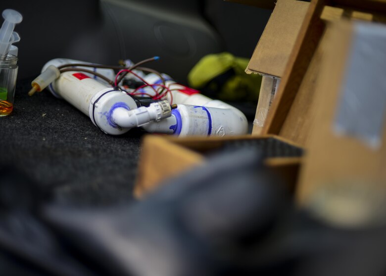 A simulated improvised explosive device sits in the back of a vehicle at Osan Air Base, Republic of Korea, Aug. 23, 2016. The 51st Civil Engineer Squadron explosive ordnance explosive team was called out to inspect the suspicious device, kicking off the first event in Exercise Beverly Herd 16-2. (U.S. Air Force photo by Senior Airman Victor J. Caputo)