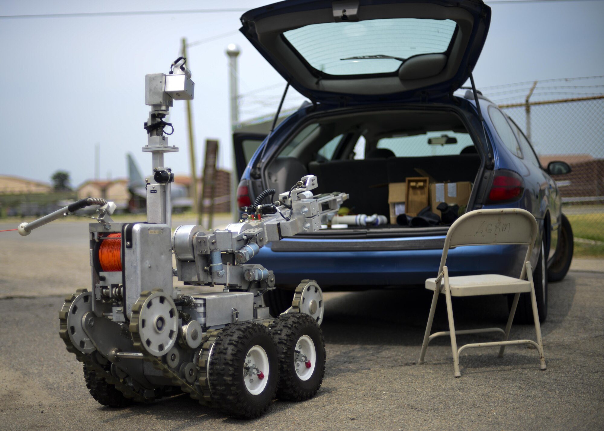 An Andros F6 robot is used to relay information to a remote explosive ordnance disposal team assigned to the 51st Civil Engineer Squadron during Exercise Beverly Herd 16-2 at Osan Air Base, Republic of Korea, Aug. 23, 2016. The robot uses several cameras to give its operators a clear view of what they are working on, and the EOD Airmen use exercises like these to hone their technical skills. (U.S. Air Force photo by Senior Airman Victor J. Caputo)