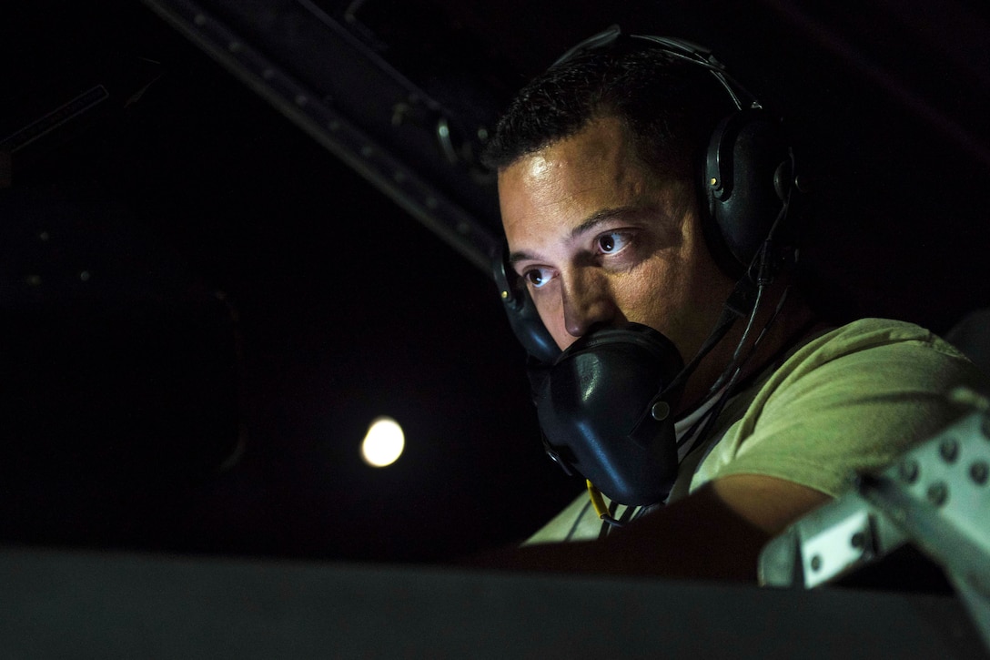 Air Force Tech. Sgt. Joshua Tocci conducts a weapons function check on an F-16C Fighting Falcon aircraft at Bagram Airfield, Afghanistan, Aug. 9, 2016. Tocci is a weapons armament systems technician assigned to the 455th Expeditionary Aircraft Maintenance Squadron. Air Force photo by Senior Airman Justyn M. Freeman