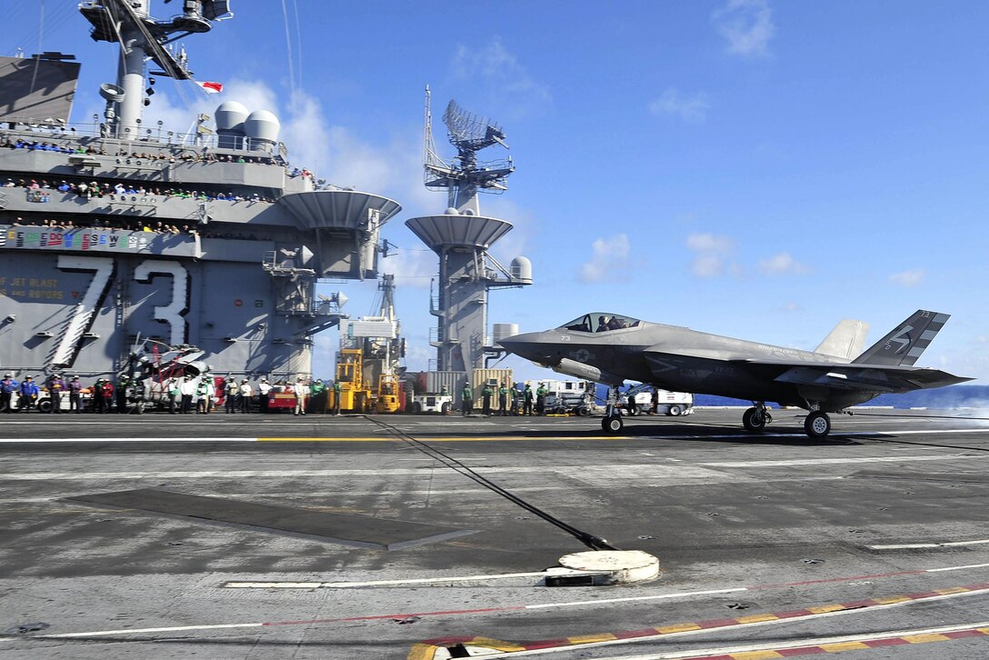 An F-35C Lightning II carrier variant lands on the flight deck of the aircraft carrier USS George Washington in the Atlantic Ocean, Aug. 14, 2016. The aircraft is assigned to Air Test and Evaluation Squadron 23. Navy photo by Petty Officer 2nd Class Kris R. Lindstrom
