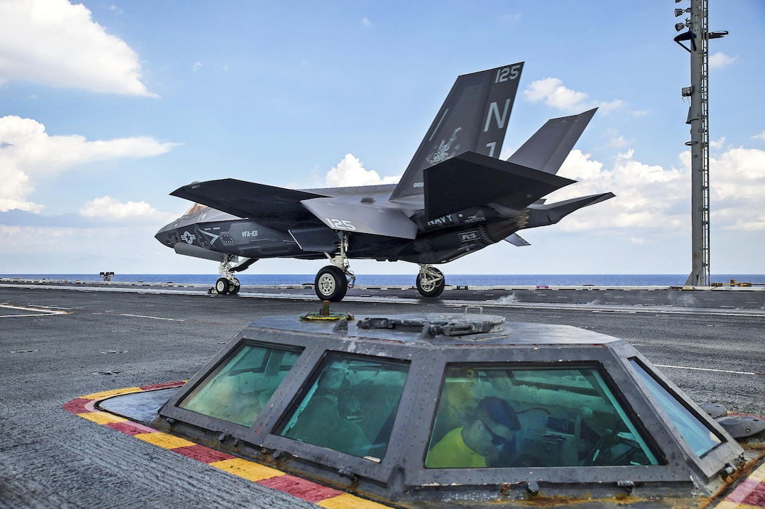 An F-35C Lightning II carrier variant prepares to launch from the flight deck of the aircraft carrier USS George Washington in the Atlantic Ocean, Aug. 14, 2016. The aircraft is assigned to Air Test and Evaluation Squadron 23. Navy photo by Petty Officer 3rd Class Bryan Mai