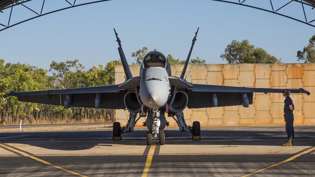 An F/A-18C Hornet assigned to Marine Fighter Attack Squadron 122 prepares to taxi during Exercise Pitch Black 2016 at Royal Australian Air Force Base Tindal, Australia, July 22, 2016. The flying squadron executed large force close air support, air interdiction, armed reconnaissance, and strike coordination and reconnaissance missions over the three week training evolution. The biennial, multinational exercise involves approximately 10 allied nations and prepares these forces for possible real-world scenarios. The bilateral effort amongst Exercise Pitch Black 2016 furthermore showcases the strength amongst various militaries and solidifies the relationship across the Pacific region.