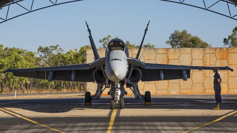 An F/A-18C Hornet assigned to Marine Fighter Attack Squadron 122 prepares to taxi during Exercise Pitch Black 2016 at Royal Australian Air Force Base Tindal, Australia, July 22, 2016. The flying squadron executed large force close air support, air interdiction, armed reconnaissance, and strike coordination and reconnaissance missions over the three week training evolution. The biennial, multinational exercise involves approximately 10 allied nations and prepares these forces for possible real-world scenarios. The bilateral effort amongst Exercise Pitch Black 2016 furthermore showcases the strength amongst various militaries and solidifies the relationship across the Pacific region.