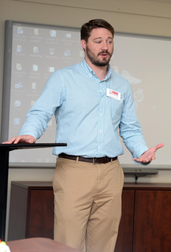 Nathan Arnold, program coordinator, University of Georgia, Small Business Development Center, facilitates a Boots-2-Business Workshop session at Marine Corps Logistics Base Albany’s Lifelong Learning Center, recently. Arnold was one of several who presented training modules to transitioning service members interested in starting a business through the entrepreneurship program, which was designed for veterans.
