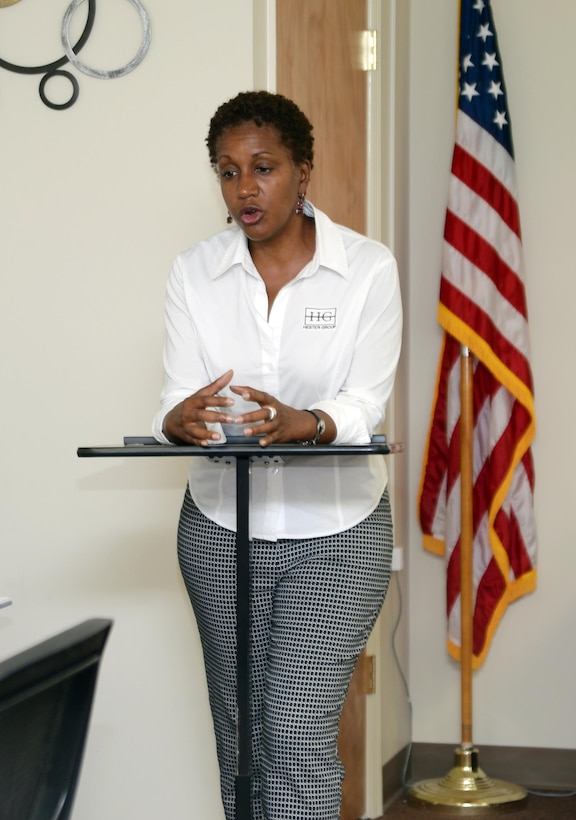 Hester Taylor Clark, president/founder, Hester Group, Jacksonville, Fla., facilitates a Boots-2-Business Workshop session at Marine Corps Logistics Base Albany’s Lifelong Learning Center, recently. Clark shared her journey from a home-based business to a successful corporation with transitioning service members interested in starting a business after separating active duty.
