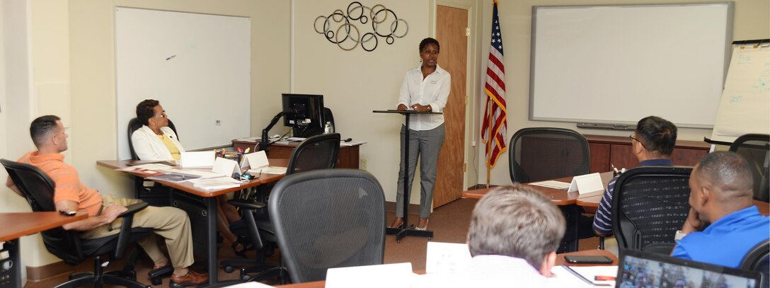 Hester Taylor Clark, president/founder, Hester Group, Jacksonville, Fla., facilitates a Boots-2-Business Workshop session at Marine Corps Logistics Base Albany’s Lifelong Learning Center, recently. Clark shared her journey from a home-based business to a successful corporation with transitioning service members interested in starting a business after separating active duty.
