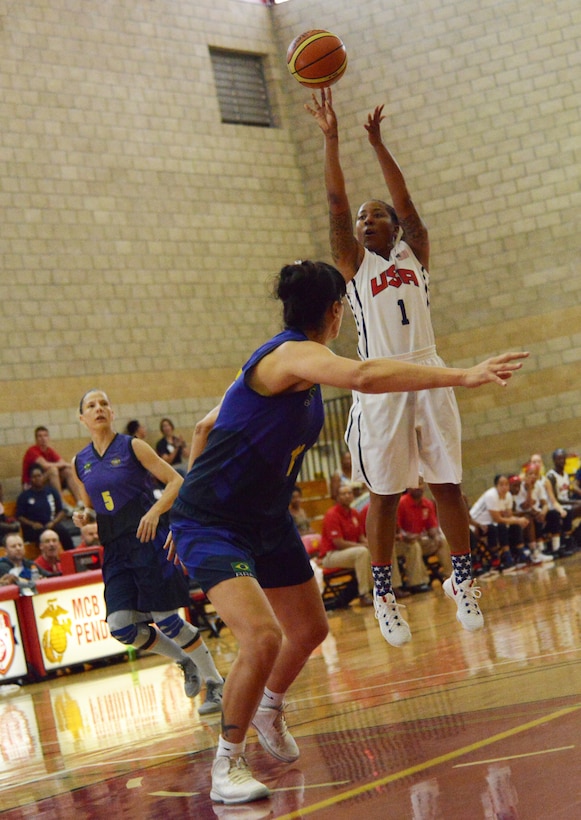Danielle Deberry takes a jump shot from top of the key during the final game of the CISM Military Women's World Basketball Championship, July 29, 2016, at Camp Pendleton, Calif. Brazil won 61-60.