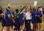 Members of the Brazil Armed Forces women's basketball team celebrate after beating Team USA 61-60 and winning gold in the CISM Military World Women's Basketball Championship, July 29, 2016 at Camp Pendleton, Calif.