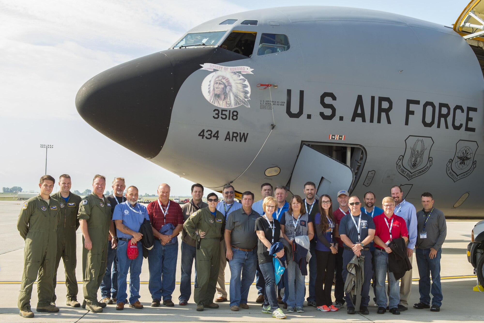 A group of employers pose for a photo in front of a KC-135R Stratotanker from the Air Force Reserve's 434th Air Refueling Wing at Grissom Air Reserve Base, Ind., before taking off on a refueling mission Aug. 19, 2016. Indiana's three wings partnered together to fly 46 employers of guardsmen and reservists on a Bosslift aimed at educating them about their employees' military service and responsibilities. (U.S. Air Force photo/Tech. Sgt. Benjamin Mota)