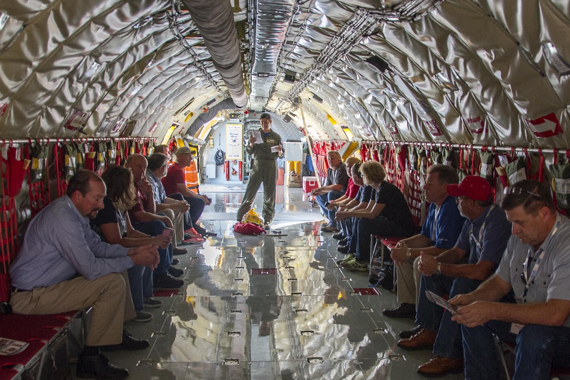 Tech. Sgt. Courtney Storey, 72nd Air Refueling Squadron inflight refueling technician, conducts roll-call during an Indiana Employer Support of the Guard and Reserve event at Grissom Air Reserve Base, Ind., Aug. 19, 2016. More than 40 people, nominated by Guard and Reserve members from the 434th ARW, the 122th Fighter Wing in Fort Wayne, Ind., and the 181st Intelligence Wing in Terre Haute Ind., had an opportunity to learn about the 434th ARW’s operational capabilities during a Bosslift. (U.S. Air Force photo/Staff Sgt. Katrina Heikkinen) 