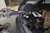 An F6A explosive ordnance disposal robot uses a joint chemical agent tester to test for mock chemical and biological vapors in a mock improvised explosive device on Osan Air Base, Republic of Korea, Aug 23, 2016. The mock IED is an inject to exercise Beverly Herd 16-2 to test operational and war-fighting capabilities of Osan’s Airmen. (U.S. Air Force photo by Staff Sgt. Jonathan Steffen)