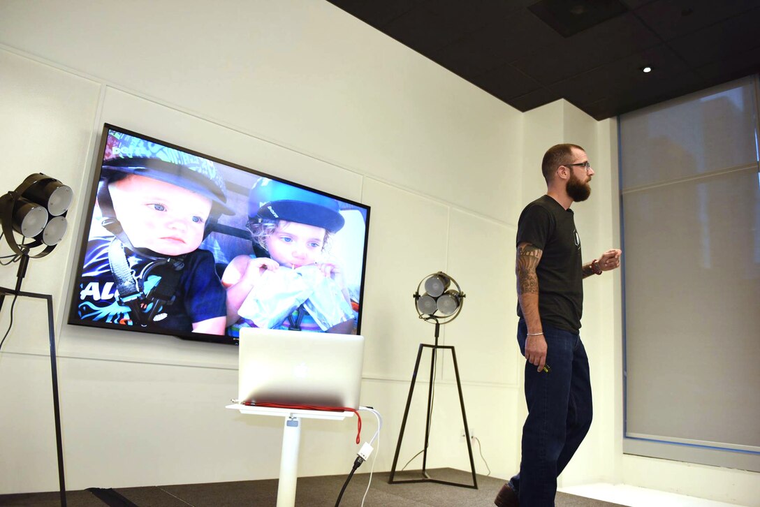 Dan Bellis, an Air Force veteran, was a presenter at the first Battle Tested Veterans event in 2015. During his humorous 8:00 minute delivery, he shared about his transition from the active duty military into the civilian world and the challenges of being a stay-at-home dad. (Photo by Zephrine Hanson) 
