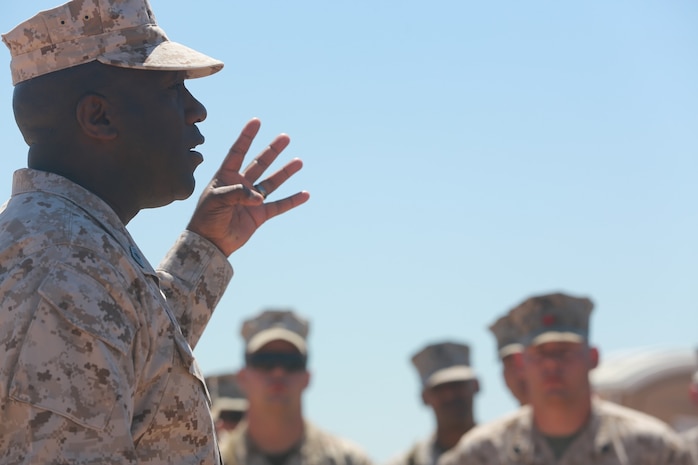 The 18th Sergeant Major of the Marine Corps, Ronald L. Green, speaks with Marines of Combat Logistics Battalion 15, Headquarters Regiment, 1st Marine Logistics Group, during a Tactical Convoy Course on Camp Pendleton Calif., Aug. 16, 2016. Sergeant Major Green discussed issues with in the Marine Corps and protecting that you earn. (Official U.S. Marine Corps photo by Sgt. Rodion Zabolotniy)