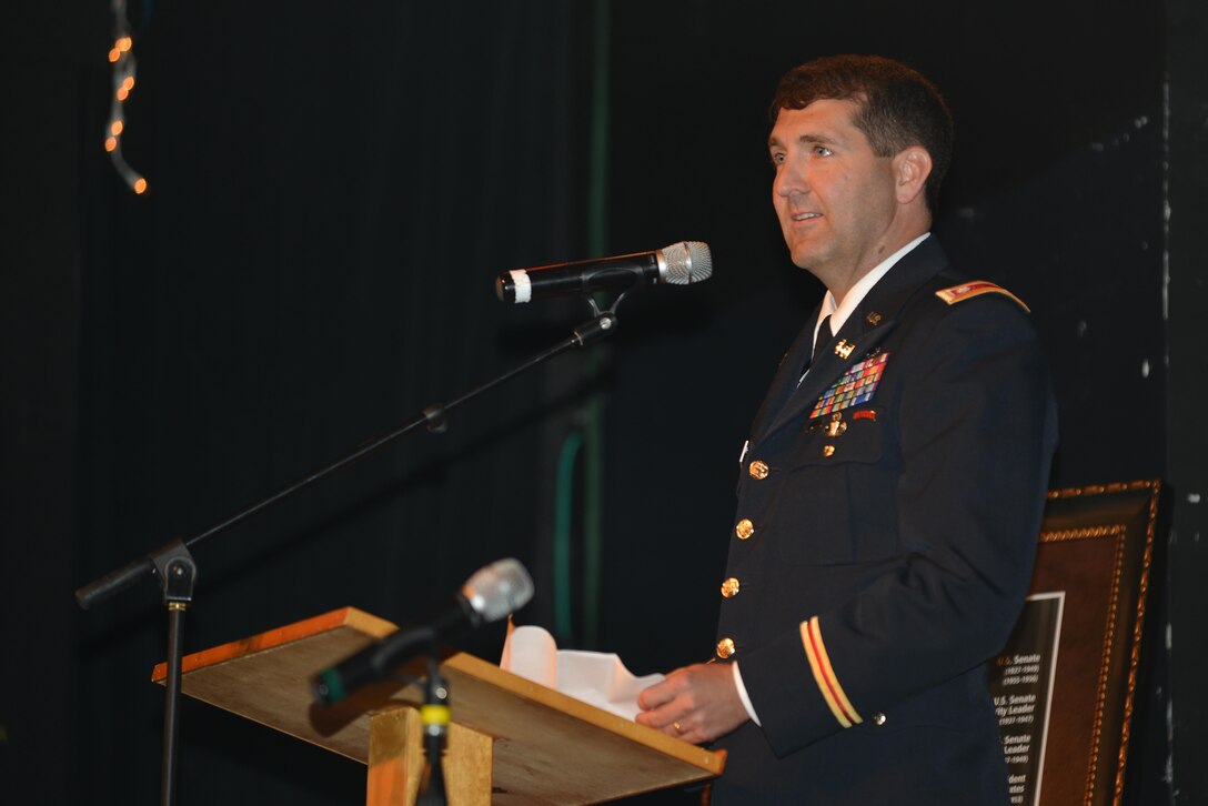 Lt. Col. Stephen Murphy, U.S. Army Corps of Engineers Nashville District commander, speaks during a commemoration marking the 50th anniversary of Barkley Dam at the Badgett Playhouse Theater in Grand Rivers, Ky., Aug. 20, 2016.  Vice President Hubert H. Humphrey dedicated the project 50 years ago Aug. 20, 1966. 