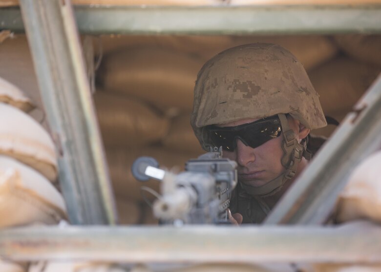 U.S. Marine Pfc. Tyler Ren, from Allenton, Mich., provides security at an entry-control point during I Marine Expeditionary Force Exercise 2016 at Marine Corps Air Station Miramar, Calif., Aug. 17, 2016. LSE-16 is designed to enhance the command and control and interoperability between I MEF command-element staff and its higher, adjacent and subordinate command headquarters. The exercise includes cyber and electronic warfare, information support operations, and simulated and live-fire events. (U.S. Marine Corps photo by Sgt. Tia Dufour)