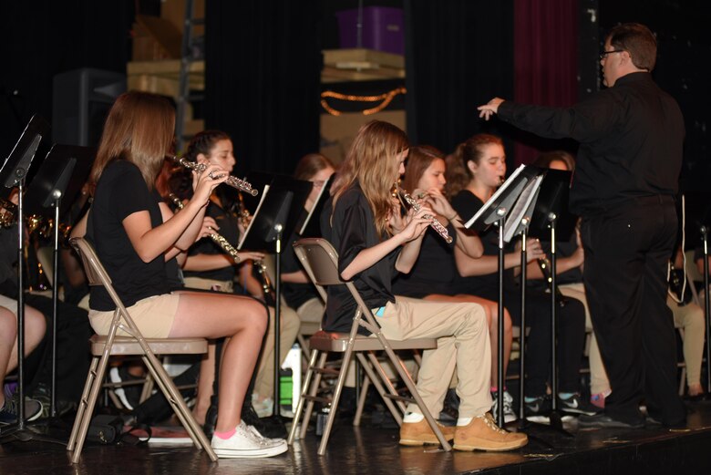 The Lyon and Livingston County High School bands perform during a commemoration marking the 50th anniversary of Barkley Dam at the Badgett Playhouse Theater in Grand Rivers, Ky., Aug. 20, 2016. 