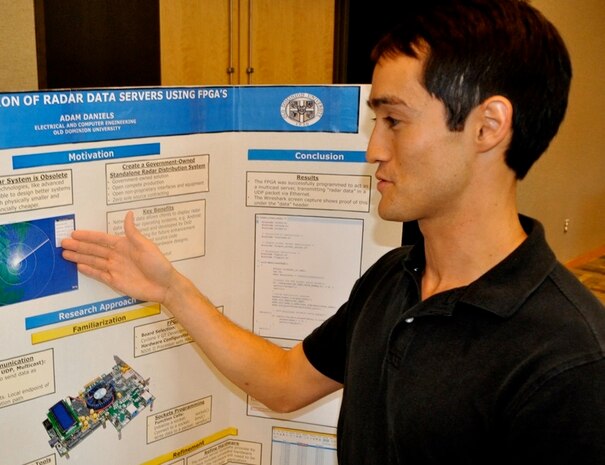 DAHLGREN, Va. — Old Dominion University student Adam Daniels presents his research on an “FPGA (field-programmable gate array) Programmer” to military and government personnel during his 2016 summer internship. Daniels - among 22 students who completed their internships at Naval Surface Warfare Center Dahlgren Division (NSWCDD) - is working towards a bachelor’s degree in electrical and computer engineering. “Before this internship, I wasn't sure what I wanted to do after graduating,” said Daniels. “Now, I can't wait to graduate and eventually work here to continue my project. NREIP (Naval Research Enterprise Intern Program) has given me direction, purpose, and motivation to finish school and become an engineer.” 