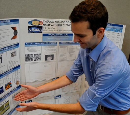 DAHLGREN, Va. — University of Minnesota student Eric Hippchen presents his research on "Additive Manufacturing Technology Transition” to military and government personnel during his 2016 summer internship. Hippchen - among 22 students who completed their internships at Naval Surface Warfare Center Dahlgren Division (NSWCDD) - is working towards a bachelor’s degree in Materials Science and Engineering. The Naval Research Enterprise Intern Program (NREIP) encourages students to pursue science and engineering careers, furthers education via mentoring and their participation in research, and makes them aware of Navy research and technology efforts, which can lead to civilian employment within the Navy. "I've had the opportunity to explore cutting edge technology, like 3D printing, while simultaneously expanding my knowledge base to cover the wide variety of engineering projects,” said Hippchen. “It is the ultimate learning experience for an up and coming engineer in both the technical and professional sense."