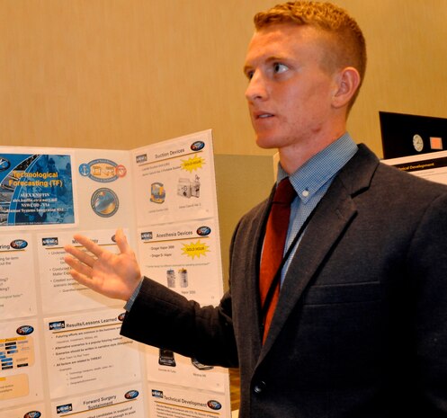 DAHLGREN, Va. — Virginia Commonwealth University student Alex Kniffin presents his research on “Wide-Aperture Forecasting” to military and government personnel during her 2016 summer internship. Kniffin - among 22 students who completed their internships at Naval Surface Warfare Center Dahlgren Division (NSWCDD) - is working towards a bachelor’s degree in computer science. Kniffen developed a framework for creating alternative scenarios in order to create a prediction on the advancements of technology and reduce technological surprise. “This allowed him to work with technical experts to incorporate their knowledge into the technological forecasting process,” said Dr. Elizabeth Haro, Human Systems Integration engineer. The Naval Research Enterprise Intern Program (NREIP) encourages students to pursue science and engineering careers, furthers education via mentoring and their participation in research, and makes them aware of Navy research and technology efforts, which can lead to civilian employment within the Navy.