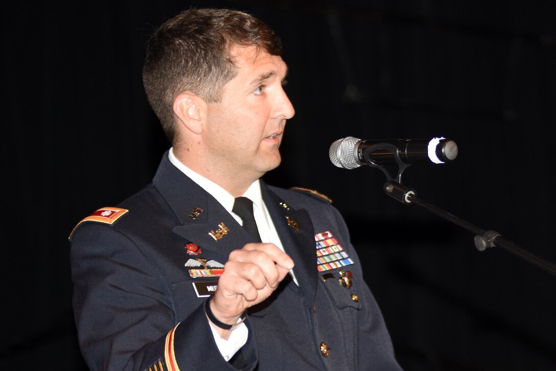 Lt. Col. Stephen Murphy, U.S. Army Corps of Engineers Nashville District commander, speaks during a commemoration marking the 50th anniversary of Barkley Dam at the Badgett Playhouse Theater in Grand Rivers, Ky., Aug. 20, 2016.  Vice President Hubert H. Humphrey dedicated the project 50 years ago Aug. 20, 1966.