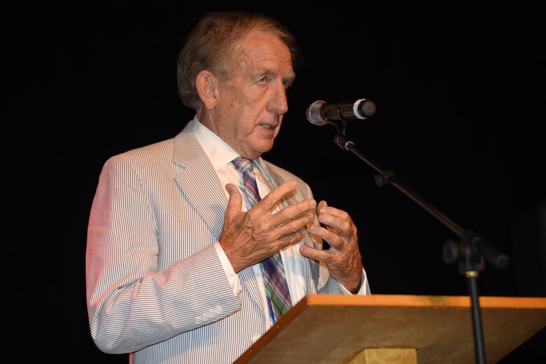 Justice Bill Cunningham, Kentucky Supreme Court, addresses his personal experience with the Army Corps of Engineers and its locks and dams during the 50th anniversary of Barkley Dam at the Badgett Playhouse Theater in Grand Rivers, Ky., Aug. 20, 2016.