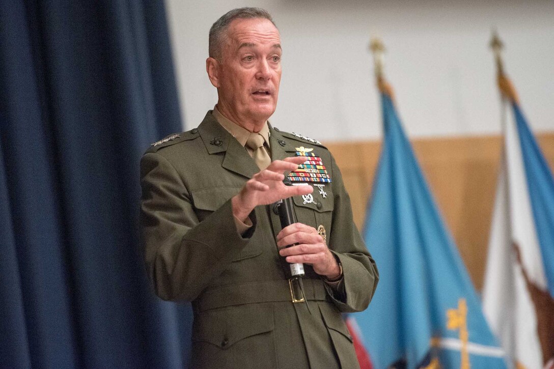 Marine Corps Gen. Joe Dunford, chairman of the Joint Chiefs of Staff, addresses National Defense University students at Fort McNair in Washington, D.C., Aug. 23, 2016. The university offers military education to leaders of the U.S. armed forces and others. DoD photo by Navy Petty Officer 2nd Class Dominique A. Pineiro